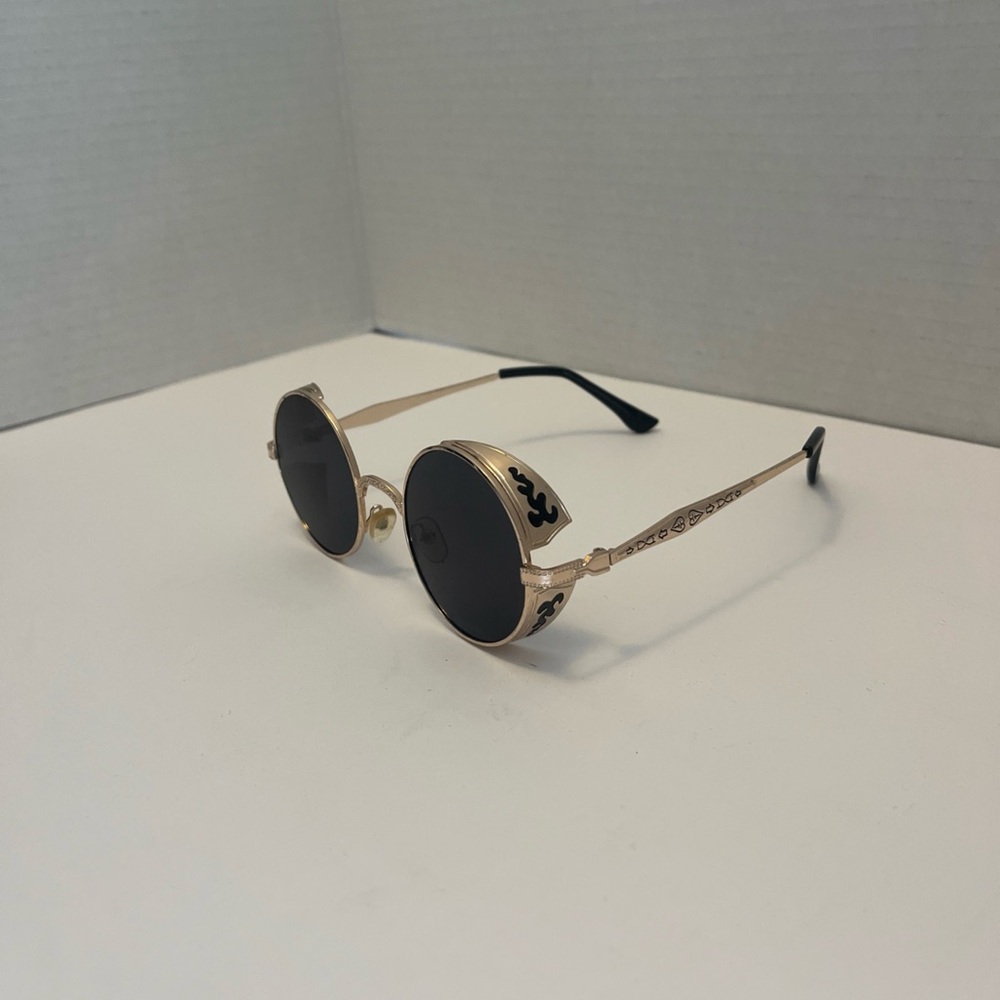 Gold and Black Round Frame Sunglasses with Side Shields